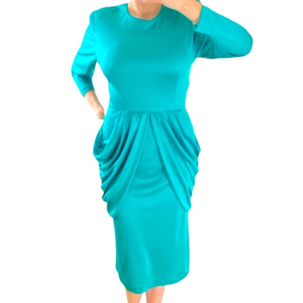 Vintage 80s / 1980s Long Sleeve Tulip Side Dress size women's 10 teal blue